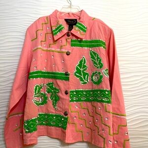Alex Kim Pink Green Sequin Art Women’s Jacket Size XL NWT